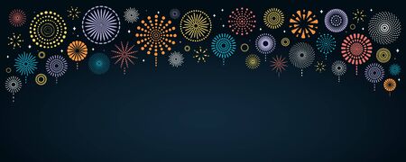 Vector illustration with bright colorful fireworks border on a dark blue background, space for text. Flat style design. Concept for holiday celebration, greeting card, poster, banner, flyer.のイラスト素材