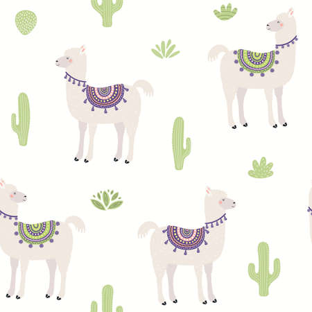 Cute llama and cactus seamless pattern, animals and plants on a white background. Hand drawn vector illustration. Scandinavian style flat design. Concept for kids textile print, wallpaper, packaging.のイラスト素材