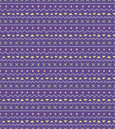 Seamless geometric pattern with dots, stripes, triangles, violet, yellow, green, pink. Hand drawn vector illustration. Scandinavian style flat design. Concept for kid textile print, wallpaper, packageのイラスト素材