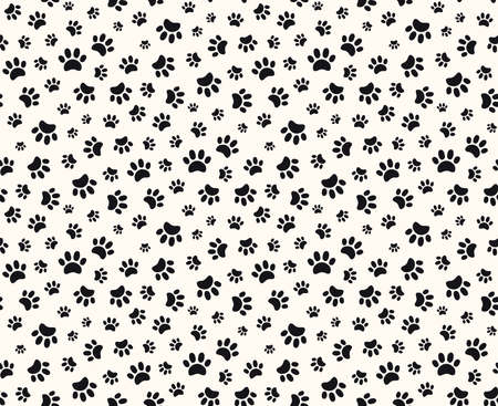 Simple dog paw print seamless pattern, puppy footprints, black on white background. Hand drawn vector illustration. Flat style. Design concept for trendy fashion print, wallpaper, wrapping paper.のイラスト素材