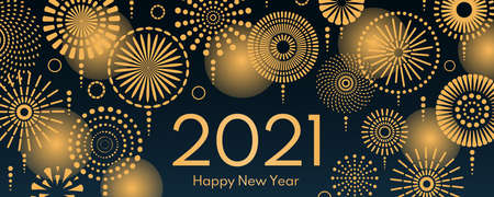 Golden fireworks 2021 New Year vector illustration, bright on dark blue background, text Happy New...
