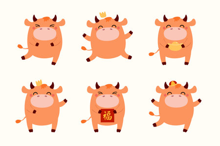 2021 Chinese New Year cute cartoon ox clipart collection, in crown, with gold, Chinese text Blessing on card, isolated on white. Hand drawn flat vector illustration. Design element for banner, poster.のイラスト素材