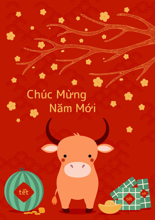2021 Vietnamese New Year Tet illustration, cute buffalo, rice cakes, watermelon, gold, apricot flowers, Vietnamese text Happy New Year. Hand drawn vector. Flat design. Concept card, poster, banner.のイラスト素材