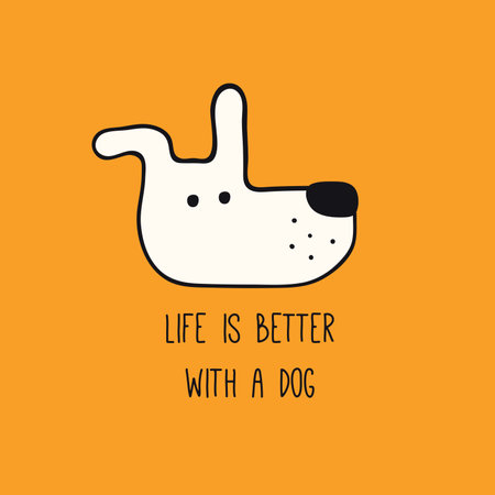 Cute funny dog, puppy face, quote Life is better with a dog. Hand drawn black and white vector illustration, isolated on orange.のイラスト素材