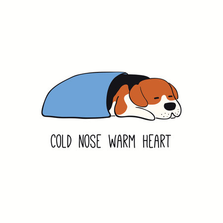Cute funny sleeping dog, puppy, quote Cold nose warm heart. Hand drawn color vector illustrationのイラスト素材