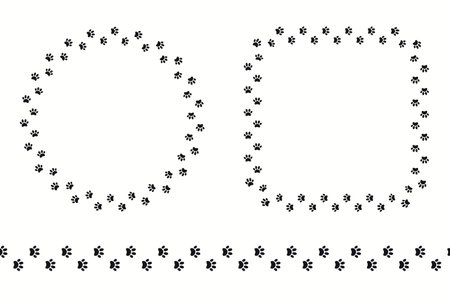 Dog, puppy paw prints round, square frame, with copy space, seamless border. Hand drawn black and white vector illustration, isolated. Line art. Design concept for pet poster, t-shirt, fashion print.のイラスト素材