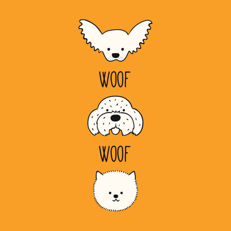 Cute funny dog, puppy faces, chihuahua, Maltese, Pomeranian, quote Woof. Hand drawn black and white vector illustration, isolated. Line art. Pet  , icon. Design concept poster, tee, fashion printのイラスト素材