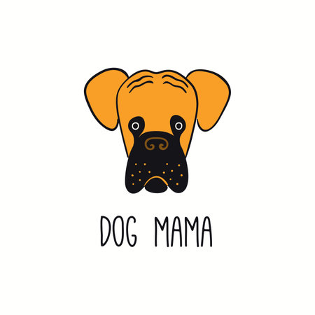 Cute funny boxer dog, puppy face, quote Dog Mama. Hand drawn color vector illustration, isolated on white. Line art.のイラスト素材