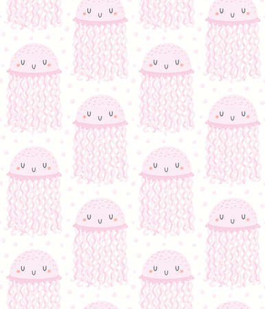 Cute jellyfish in the sea seamless pattern, pink on white background. Hand drawn vector illustration. Scandinavian style flat design. Concept for kids nautical fashion print, textile, wallpaperのイラスト素材