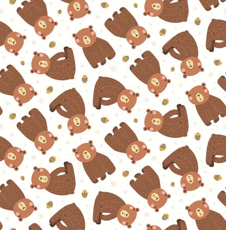 Cute bears, bees, daisies seamless pattern on a white background. Hand drawn vector illustration. Scandinavian style flat design. Concept for kids woodland textile, fashion print, wallpaper, packageのイラスト素材