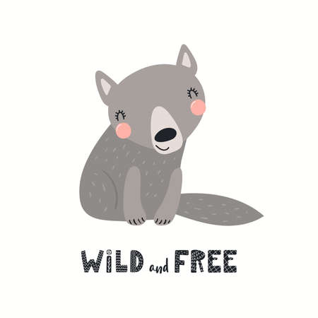 Cute funny wolf character, text Wild and free, isolated on white. Hand drawn animal vector illustration. Scandinavian style woodland. Flat design. Concept for kids fashion, textile print, poster, cardのイラスト素材