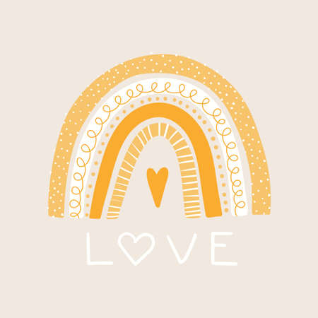 Cute cartoon rainbow, heart, text Love, yellow, white, isolated on gray background. Hand drawn vector illustration. Scandinavian style flat design. Concept for modern kids fashion, textile print, cardのイラスト素材