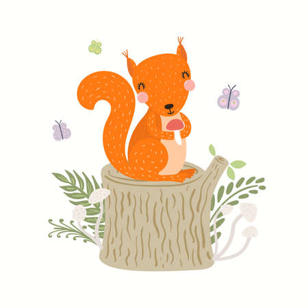 Cute funny squirrel on tree stump, mushrooms, isolated on white. Hand drawn wild animal vector illustration. Scandinavian style woodland. Flat design. Concept for kids fashion, textile print, posterのイラスト素材
