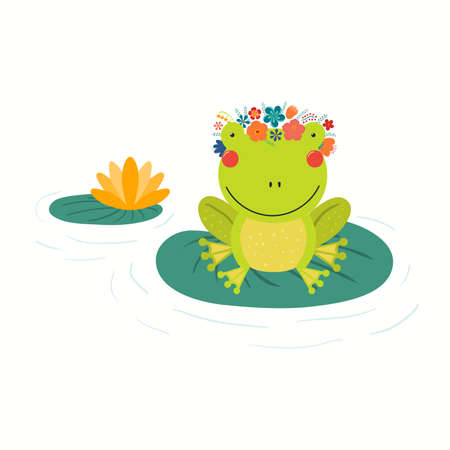 Cute funny frog in flower wreath sitting on water lily leaf, isolated on white. Hand drawn vector...