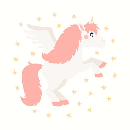 Cute funny unicorn with wings, long hair, isolated on white background with stars. Hand drawn vector illustration. Scandinavian style flat design. Concept for kids fashion, textile print, poster, cardのイラスト素材