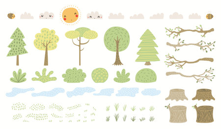 Woodland landscape clipart set, tree, bush, grass, pond, isolated on white. Hand drawn vector illustration. Scene creator, elements collection. Scandinavian style flat design. Concept for kids printのイラスト素材