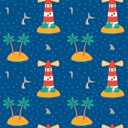 Sea scene, islands, lighthouse seamless patternのイラスト素材