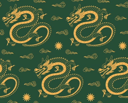 Traditional Chinese dragon flying, clouds, sun seamless pattern, gold on green background. Hand drawn vector illustration. Design concept for eastern style print, packaging, wrapping paper. Line art.のイラスト素材