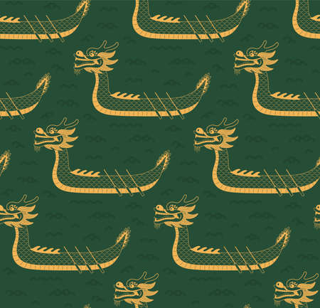 Dragon boat, waves seamless pattern, gold on green background. Hand drawn eastern style vector illustration. Design concept for Dragon Boat Festival print, packaging, wrapping paper. Line art.のイラスト素材