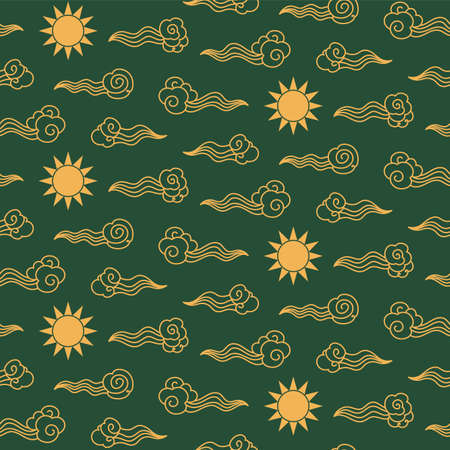 Traditional eastern elements clouds, sun seamless pattern, gold on green background. Hand drawn vector illustration. Design concept for oriental style print, packaging, wrapping paper. Line art.のイラスト素材