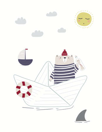 Cute bear sailor on a paper boat, shark fin, sailboat, isolated on white. Hand drawn vector illustration. Scandinavian style flat design. Concept for kids nautical fashion, textile print, poster, cardのイラスト素材