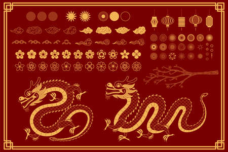Chinese, Asian dragon traditional oriental gold elements collection, clouds, fireworks, flowers, sun, tree branch, lanterns. Isolated on green. Hand drawn vector illustration. Eastern style line art.のイラスト素材