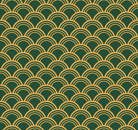 Traditional oriental ocean waves abstract geometric seamless pattern, gold on green background. Eastern style vector illustration. Design concept for Asian holiday print, packaging, wrapping paper.のイラスト素材