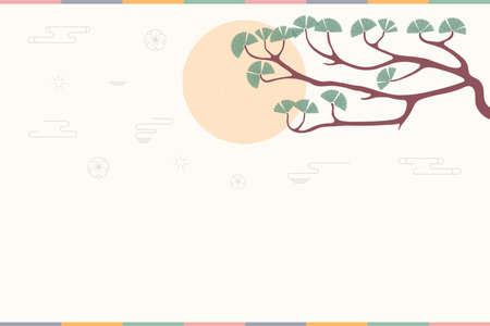 Traditional Asian background, pine tree branch, sun, clouds, copy space. Oriental, eastern style vector illustration. Design concept for Lunar New Year in China, Japan, Korea card, poster, banner.のイラスト素材