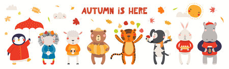 Cute little animals, falling leaves, quote Autumn is here, isolated on white. Hand drawn vector illustration. Scandinavian style flat design. Concept for kids fashion, textile print, poster, card.のイラスト素材