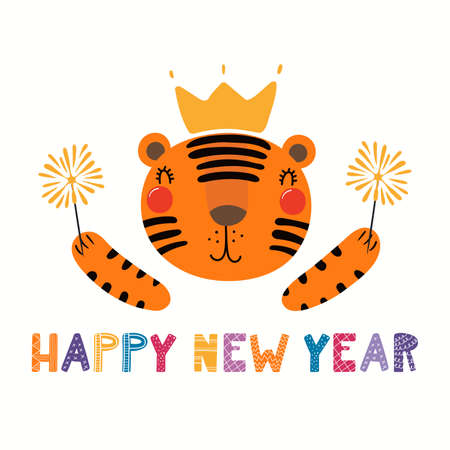 Cute funny cartoon tiger in crown, with sparklers, quote Happy New Year, isolated on white. Hand drawn vector illustration. Scandinavian style flat design. Concept for kids holiday card, print, posterのイラスト素材