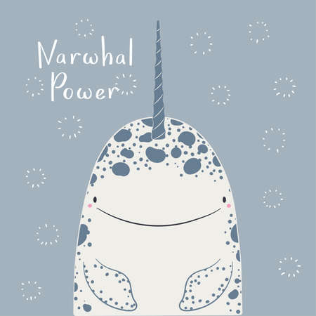 Cute cartoon narwhal portrait, quote Narwhal power, snow. Hand drawn vector illustration. Winter animal character. Arctic wildlife. Design concept for kids fashion print, poster, baby shower, card.のイラスト素材