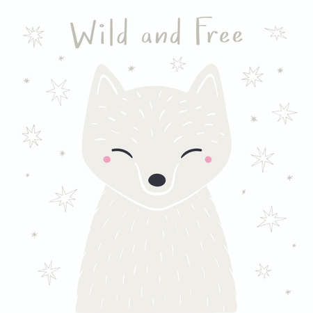 Cute cartoon arctic fox portrait, quote Wild and free, stars. Hand drawn vector illustration. Winter animal character. Arctic wildlife. Design concept for kids fashion print, poster, baby shower, cardのイラスト素材