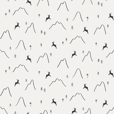 Mountains, trees, reindeer silhouette, minimal winter seamless pattern, black on gray background. Hand drawn vector illustration. Design concept for kids textile, fashion print, wallpaper, packaging.のイラスト素材