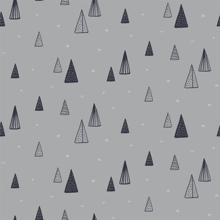 Spruce, fir trees, Scandinavian style minimal winter seamless pattern, black on gray background. Hand drawn vector illustration. Design concept for kids textile, fashion print, wallpaper, packaging.のイラスト素材