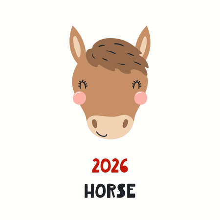 Cute cartoon horse face, Asian zodiac sign, astrological symbol, isolated on white. Hand drawn vector illustration. Flat style design. 2026 Chinese New Year card, banner, poster, horoscope element.のイラスト素材