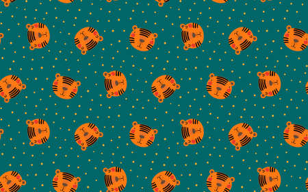 Cute cartoon tiger faces seamless pattern on green background. Hand drawn vector illustration. Flat...