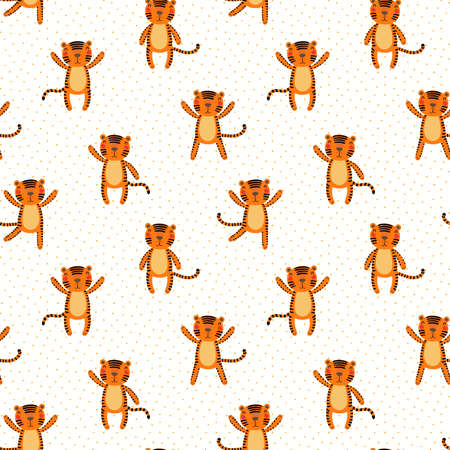 Cute cartoon tigers, polka dots, seamless pattern on white background. Hand drawn vector illustration. Flat style design. Concept kids textile, fashion print, wallpaper, packaging, 2022 New Year.のイラスト素材