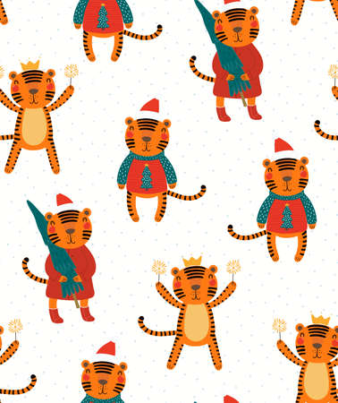 Cute Christmas tigers, polka dots seamless pattern on white background. Hand drawn vector illustration. Flat style design. Concept for kids textile, fashion print, wallpaper, packaging, 2022 New Year.のイラスト素材