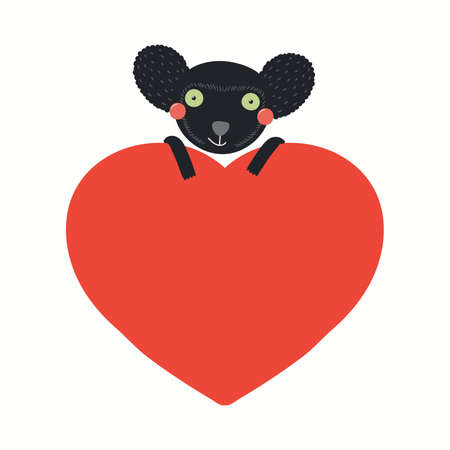 Cute funny lemur indri holding a big heart, isolated on white. Hand drawn vector illustration. Scandinavian style flat design. Concept for kids Valentines day card, holiday print, invite, gift tag.のイラスト素材