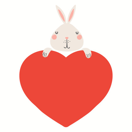 Cute funny rabbit holding a big heart, isolated on white. Hand drawn vector illustration. Scandinavian style flat design. Concept for kids Valentines day card, holiday print, invite, gift tag, poster.のイラスト素材