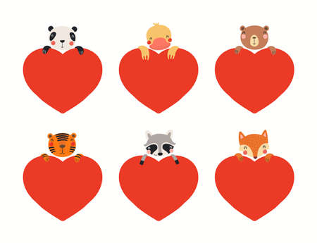 Collection of cute animals holding big hearts, isolated on white. Hand drawn vector illustration. Scandinavian style flat design. Concept for kids Valentines day card, holiday print, invite, gift tag.のイラスト素材