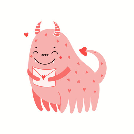 Cute pink monster holding a love letter, isolated on white. Hand drawn vector illustration. Flat style design. Concept for kids Valentines day card, holiday print, invite, gift tag, poster, banner.のイラスト素材