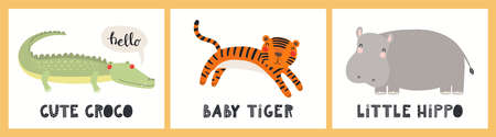 Cute funny tropical animals, crocodile, tiger, hippo, quotes. Posters, cards collection. Hand drawn...