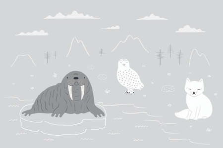 Cute Arctic animals, fox, snowy owl, walrus, northern landscape, isolated. Hand drawn vector illustration. Winter animal character, wildlife. Design concept kids fashion, textile print, poster cardのイラスト素材