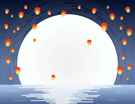 Mid Autumn Festival full moon reflected in the lake, Chinese lanterns flying in the sky. Modern vector illustration. Flat style design. Concept for traditional Asian holiday card, poster, banner.のイラスト素材