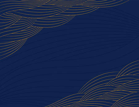 Traditional Asian abstract background with wavy lines, gold and blue. Hand drawn vector illustration. Oriental style design. Concept for Mid Autumn Festival, Chinese New Year card, poster, banner.のイラスト素材