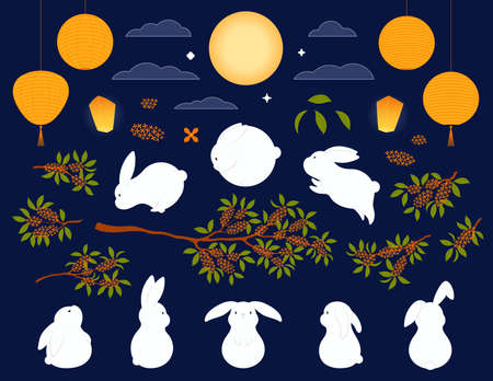 Mid Autumn Festival rabbits, osmanthus, moon, lanterns, clouds design elements set, isolated. Hand drawn vector illustration. Flat style. Traditional Asian holiday clipart, for card, poster, bannerのイラスト素材