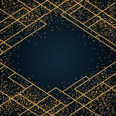 Golden glitter, geometric line elements, art deco frame on a dark background, with copy space. Flat style vector illustration. Abstract design. Concept New Year, birthday greeting card, poster, bannerのイラスト素材