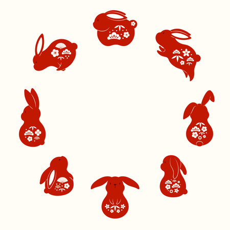2023 Lunar, Chinese, Japanese New Year cute funny rabbits round frame, red and white. Eastern zodiac sign. Vector illustration. Flat style design. Concept for holiday card, banner, poster, decor.のイラスト素材