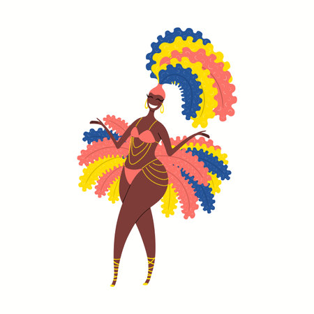 Girl, woman dancer in carnival costume, bikini with feathers, isolated on white. Hand drawn character vector illustration. Brazilian, Colombian carnival concept. Poster, flyer, banner design elementのイラスト素材